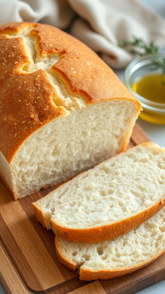 Freshly baked gluten-free bread loaf sliced on a wooden board, with olive oil in the background.